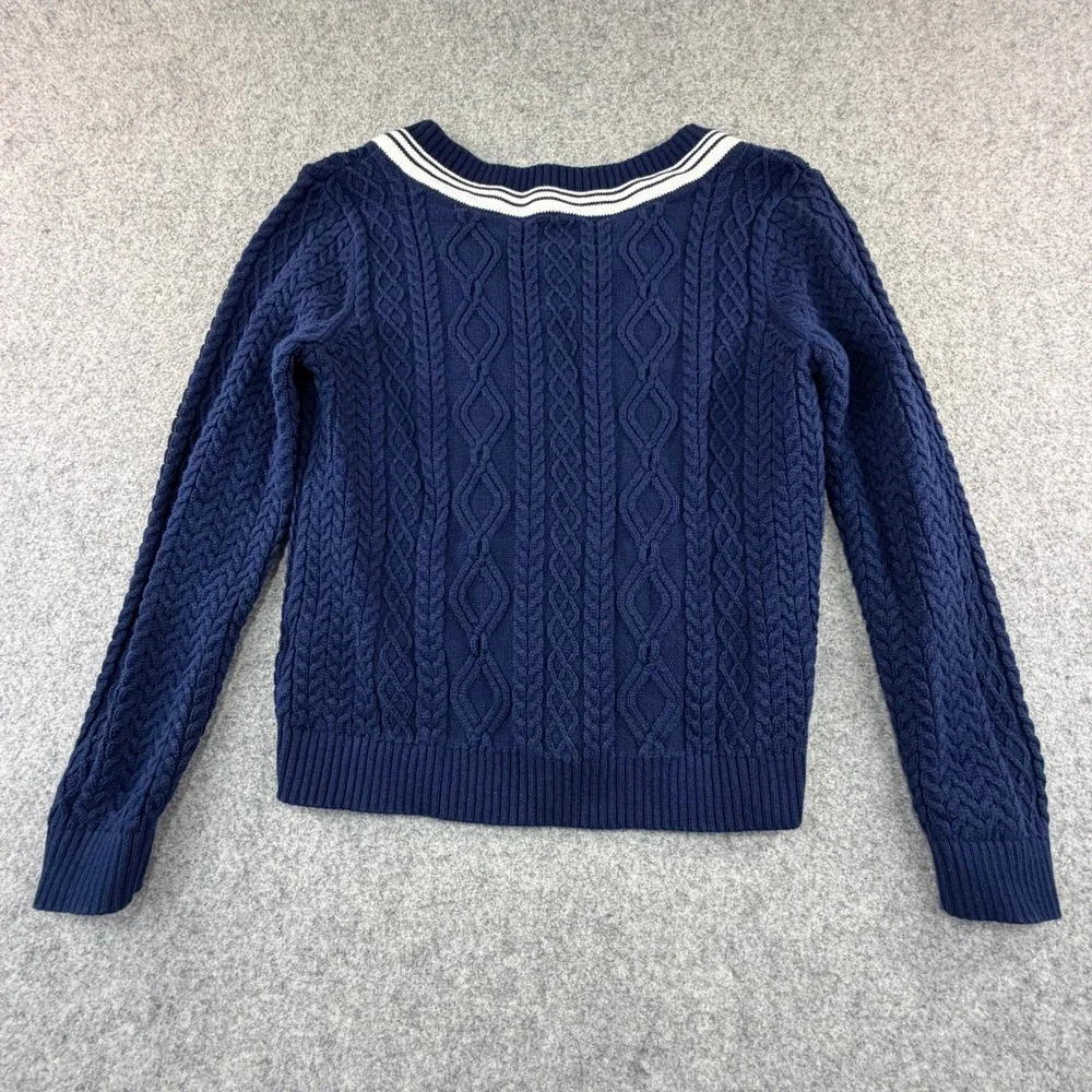 Lands End Drifter Navy Blue Cable Knit Striped V-Neck Sweater Kids M 10-12
